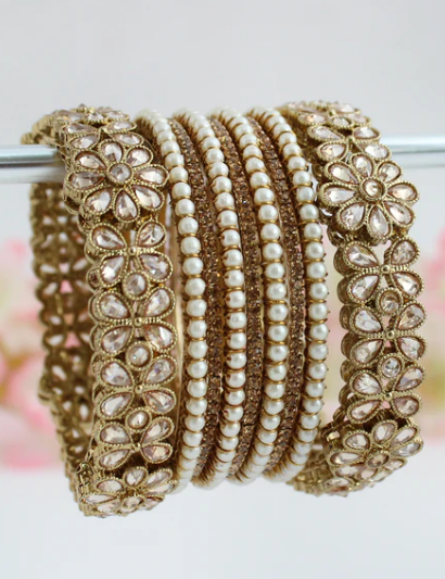 New Beautiful silver polish moti studded Bangles 4pis set