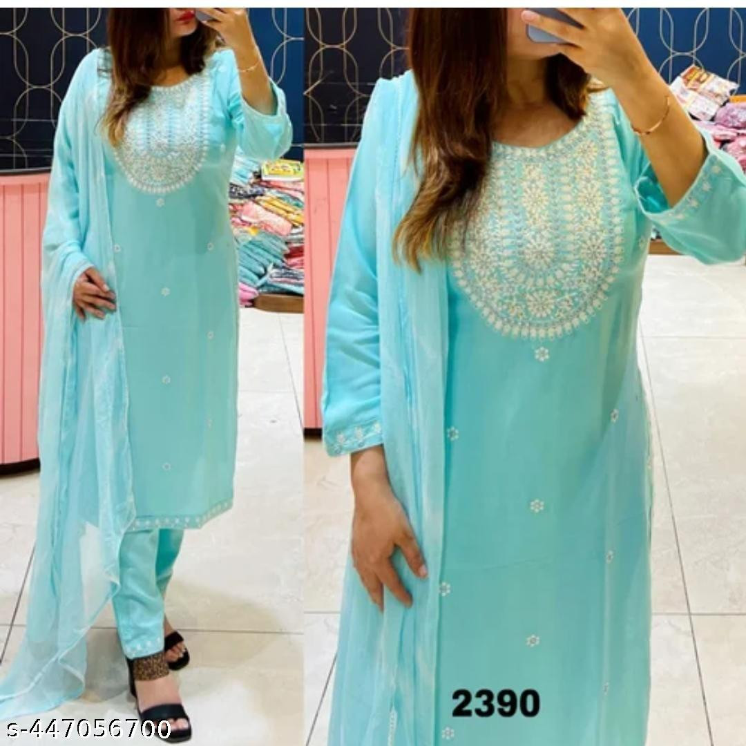 Designer Party & Formal Wear Kurta set Cotton Blend for Women and Girls with Dupatta, Pant (blue)