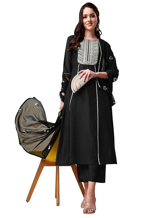 EthnicJunction Women's Silk Embroidered  Thread Work Chinon A-Line Kurta Pant With Dupatta