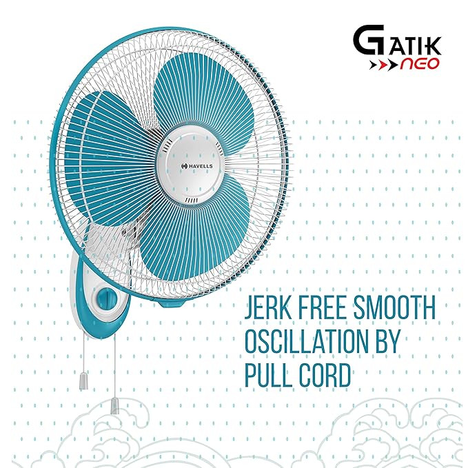Havells Gatik Neo 400mm Wall Mounted Fan | High-Performance, Wall Fan for Kitchen & Home, Smooth Oscillation, 100% Copper Motor | 3-Speed Control, 2-Year Warranty | (Pack of 1, White Blue)