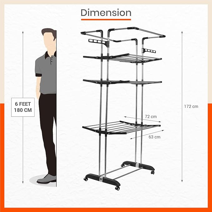 Bathla Mobidry Terra 4 Level Modular Cloth Drying Stand (Stainless Steel - Black - Extra Large)