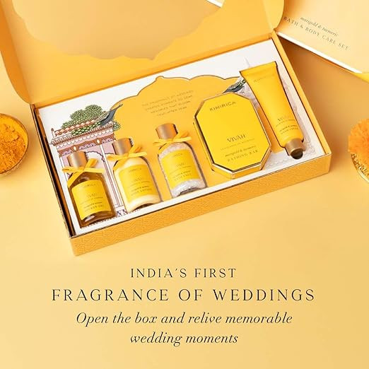 Kimirica Vivah Experience Wedding gift set for couple| Uniquely Crafted Wedding Gifts contains Body wash, Body Lotion, Bath Salt, Bathing bar and Hand cream | Luxuriously Scented Marigold & Turmeric |