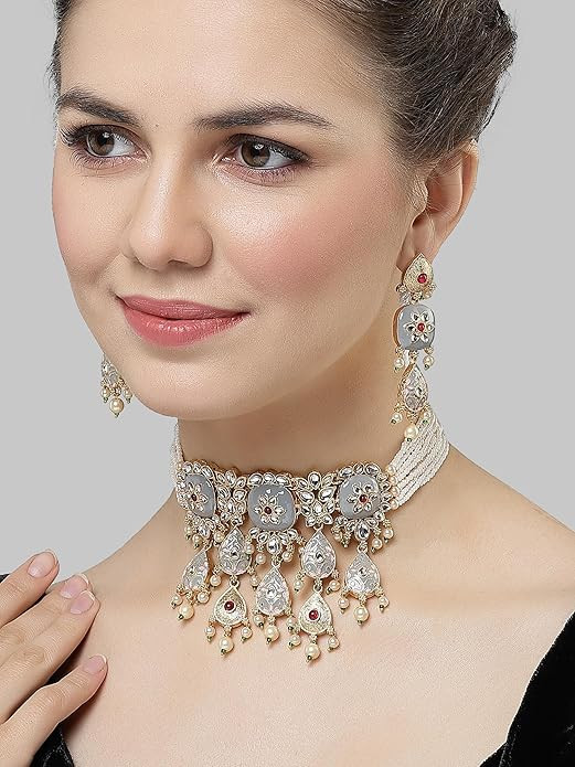Karatcart Gold Plated Grey Meena Kundan Choker Necklace Set for Women