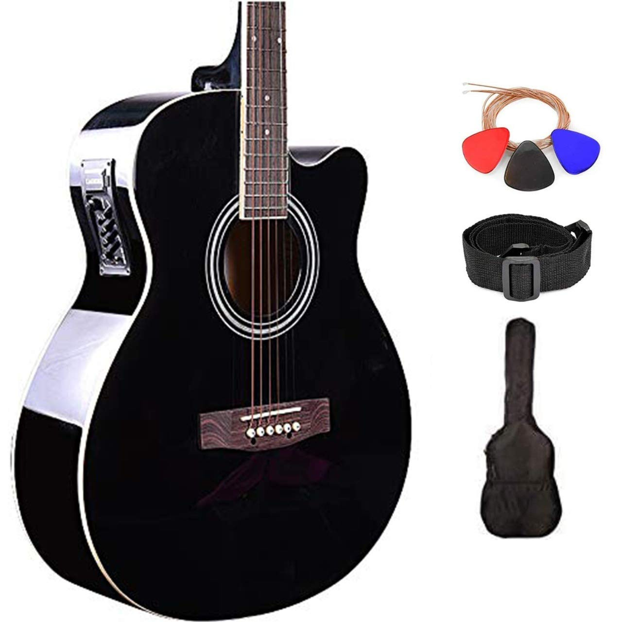 Kadence Slowhand Premium Jumbo Semi Acoustic Guitar with Heavy Padded Bag, guitar cable, Pro Capo (Black Spruce Wood)