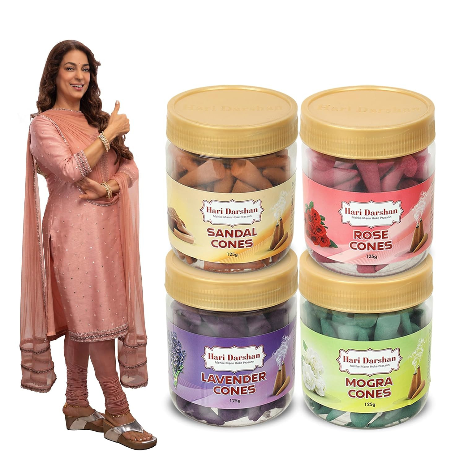 Hari Darshan Dhoop Cones Combo Pack of 4 Fragrance -125gm Each | Rose | Sandal | Lavender | Mogra | Organic Dry Dhoop | Long Lasting Fragrance for Daily Pooja, Meditation