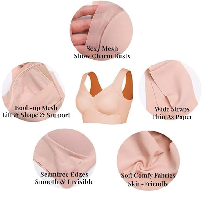 GLAMORAS Women Nylon Spandex Seamless Mesh Lace Bras for Women Wirefree Comfortable Padded Lift Push Up Thin Soft Sexy Back Smoothing Bra Pullover Bras. Size: L-3XL