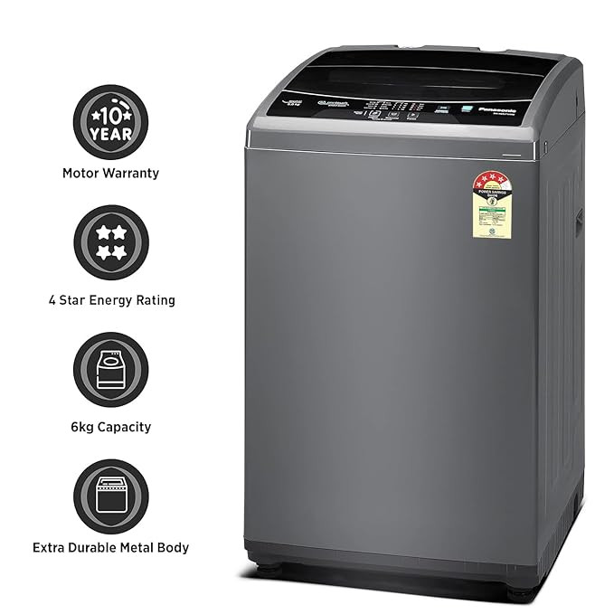 Panasonic 6 Kg 4 Star Fully-Automatic Top Load Washing Machine ( NA-F60LF1HRB, Grey, Durable Metal Body, 8 Wash Program, Aquabeat wash technology, One touch smart wash)