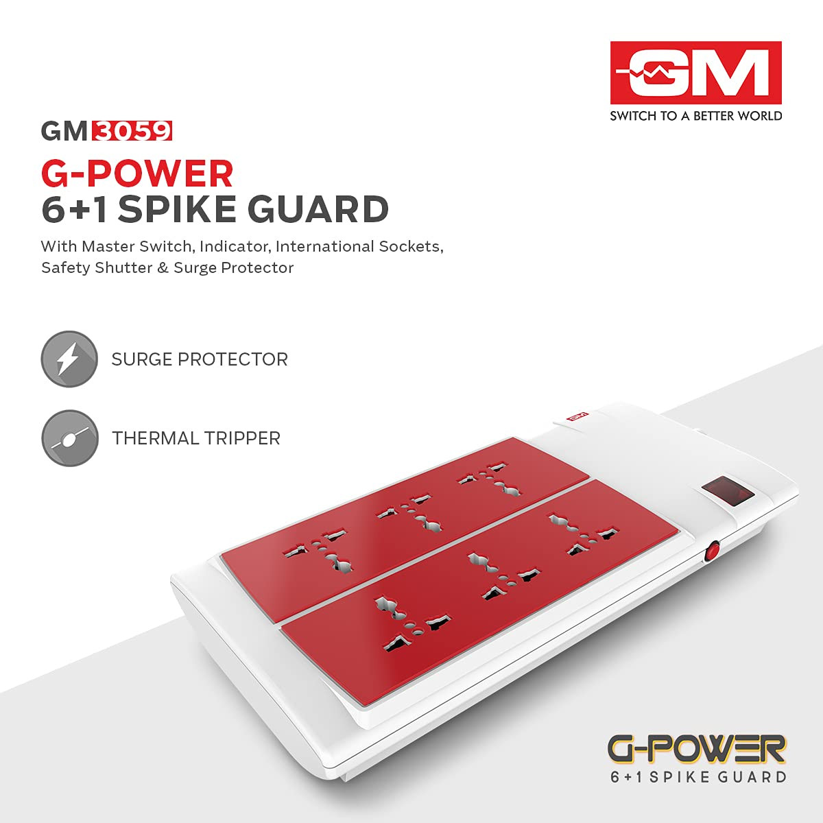 GM 3059 GPower 6+1 Spike Adaptor with Master Switch, Indicator, Safety Shutter, International Sockets & Surge Protector