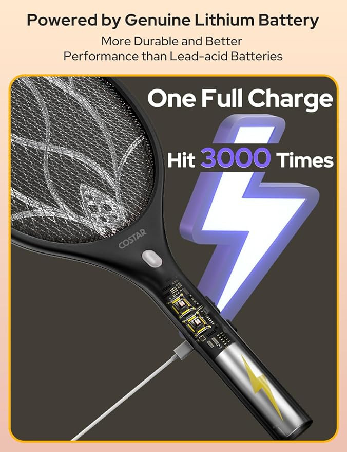 COSTAR 2 Modes Mosquito Racket with LED Light, UV Light Lamp Electric Fly Swatter, Mosquito Bat Rechargeable Lithium-ion Battery, Bug Zapper for Indoor Outdoor Use