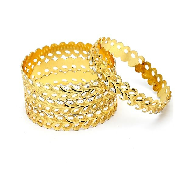 ZENEME Set Of 4 Gold-Plated Brass Dual Tone Leaf Textured Bangles for Women & Girls