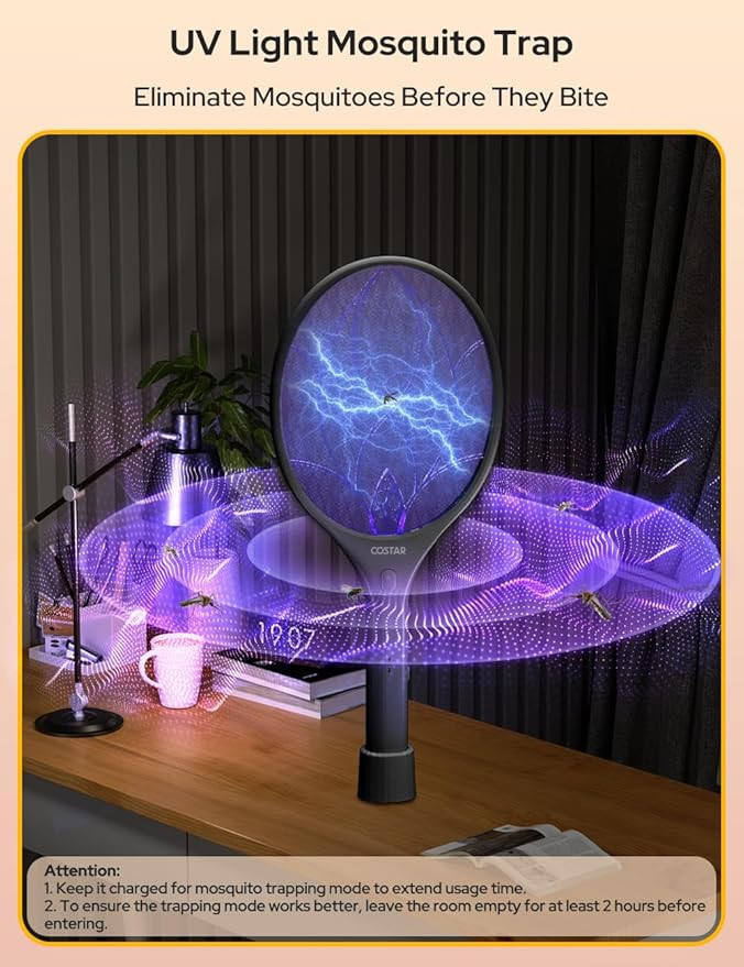 COSTAR 2 Modes Mosquito Racket with LED Light, UV Light Lamp Electric Fly Swatter, Mosquito Bat Rechargeable Lithium-ion Battery, Bug Zapper for Indoor Outdoor Use