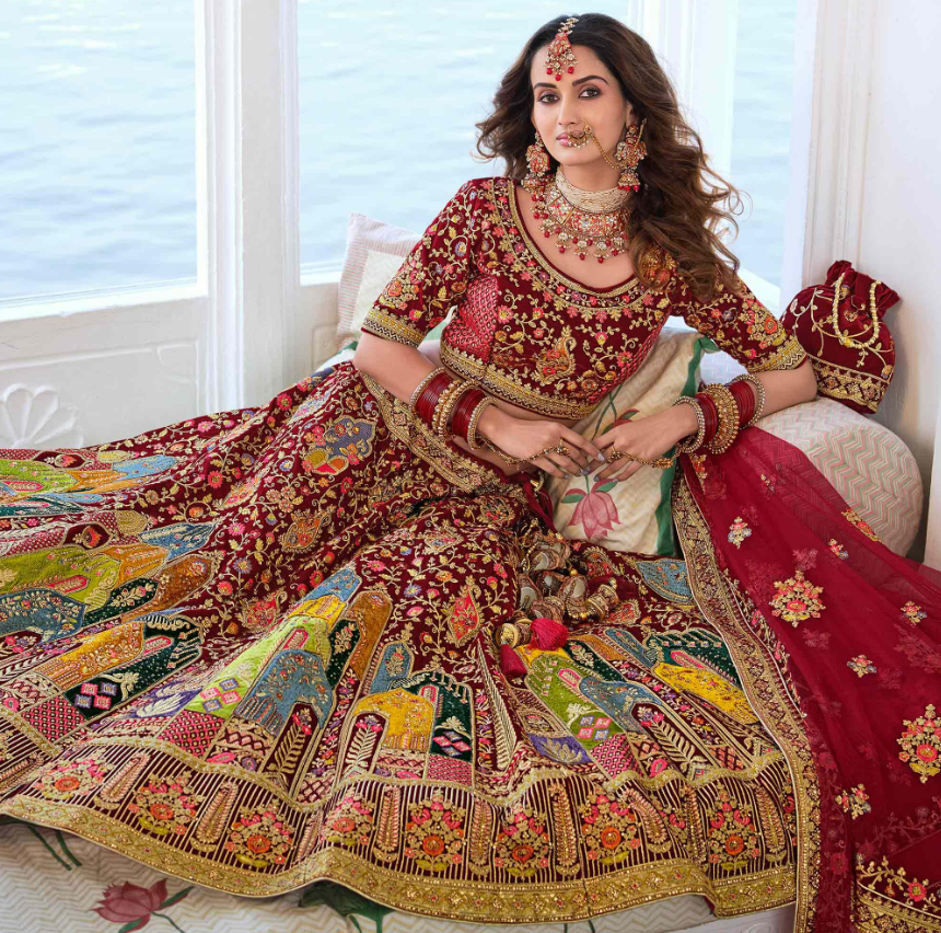Maroon Wedding Wear Floral Embroidered Velvet Lehenga Choli