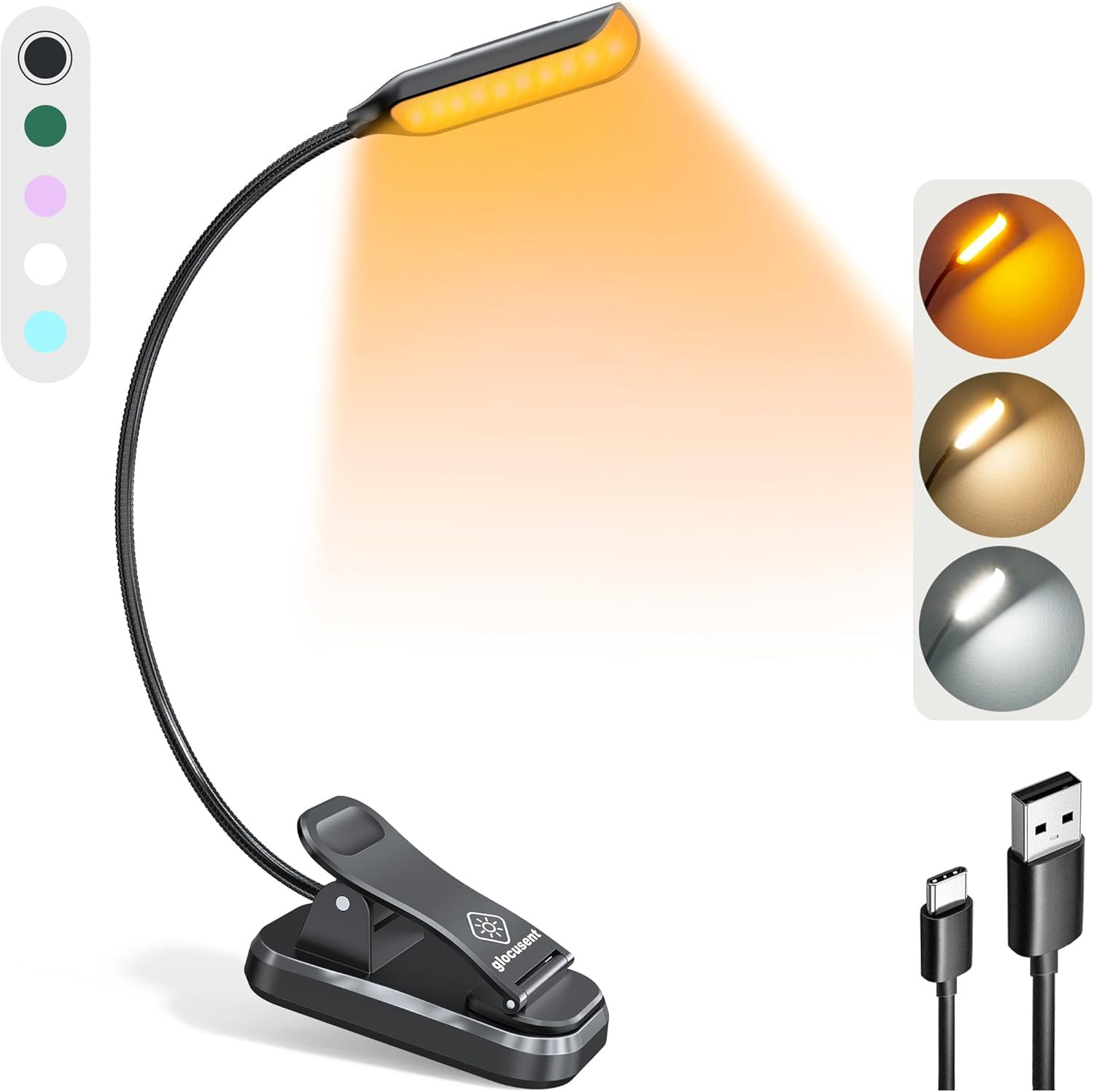 Glocusent Lightweight Rechargeable 10 Led Amber Book Light For Reading In Bed, Clip-On Eyecare Warm Reading Light Up To 80Hrs, 3 Brightness Dimmable X 3 Color Modes, Perfect For Readers & Kids - Abs