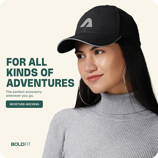 Boldfit Polyester Blend Head Caps For Men Unisex Mens Caps With Adjustable Strap In Summer For Men Caps Men For All Sports Cap For Men Women Cap Sports Caps For Men With Airholes - Black