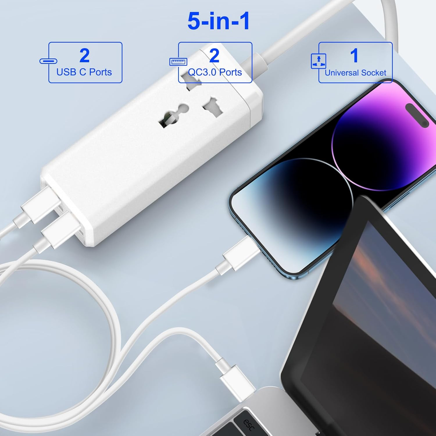 Hoteon 65W PD/Type C Extension Board, Small Power Strip with PD&QC3.0 Port, Universal Single Socket with Surge Protection, Built-in 65W PD Laptop Charging Port for Travel,School,Home,Desk,Dorm,Office