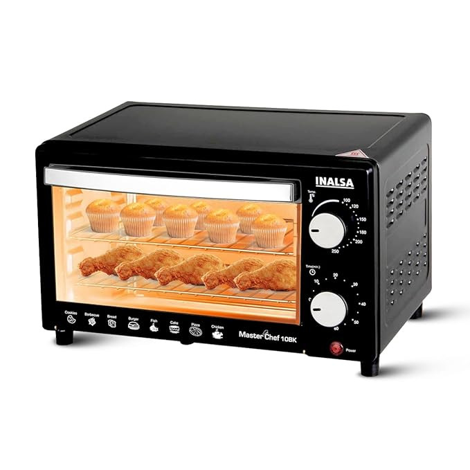 Inalsa Oven MasterChef 10BK OTG (10Liters) with Temperature Selection 800 W, Powder Coated Finish, Includes Baking Pan, SS Grill Tray, Hand Glove (Black, Silver) 800 watts