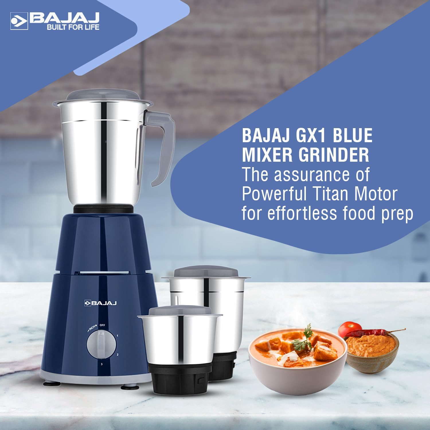 Bajaj GX1 Mixer Grinder 600W | Superior Mixie For Kitchen | 2-In-1 For Dry Grinding | Blade Function With Titan Motor | 3 Stainless Steel Mixer Jars | 1 Year Product Warranty By Bajaj 【Blue】