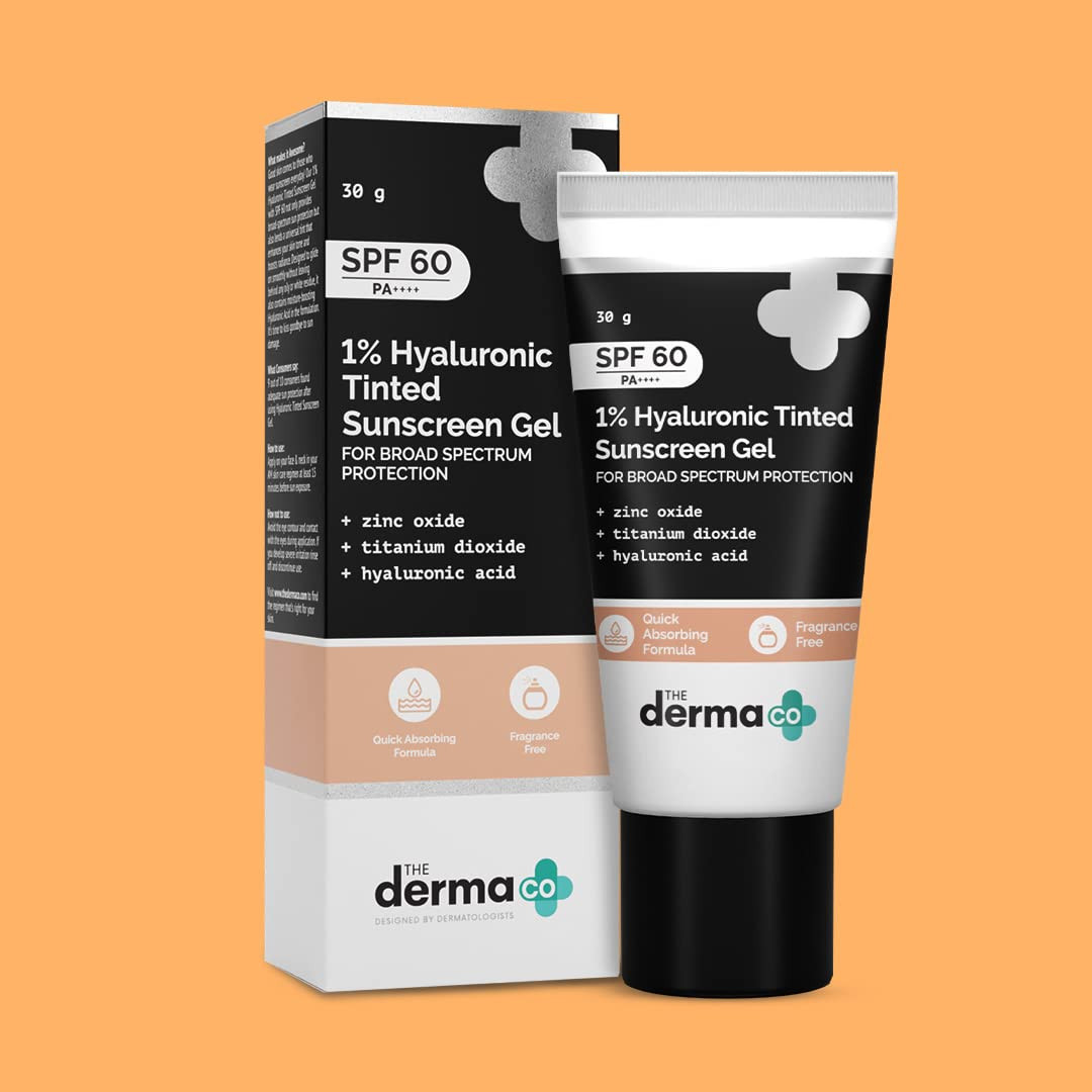 The Derma Co 1% Hyaluronic Tinted Sunscreen For All Skin Types Spf 60 Gel, Pa++++, No White