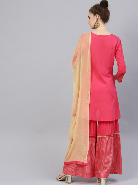 Women Pink Pure Cotton Kurti with Sharara & With Dupatta