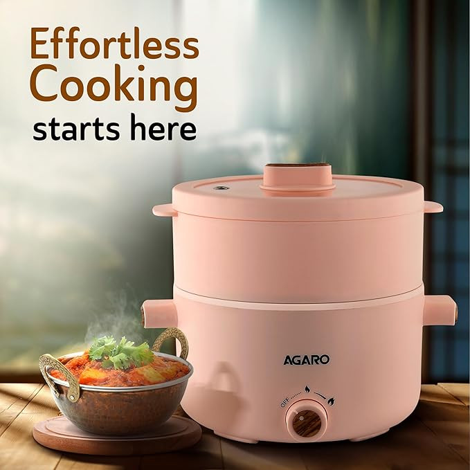 AGARO Primo Multi Function Pot 2L, Double Layered Body, Ceramic Coated Inner Pot, Variable Temperature Settings, Wide Mouth, Transparent Lid, Cooking, Boiling, Steaming, Egg, Vegetable
