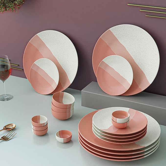 The Earth Store Handcrafted TT Pink Matte 21 Piece Ceramic Dinner Set, 6 Full Dinner