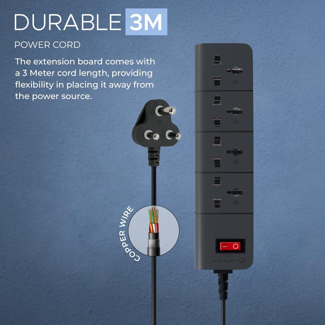 LAPCARE SURGEE 4 Multiplug Extension Cord Power Strip Surge Protection Board | 4 Power Socket |3M Cord |1500w | Fire Proof Material | Short Circuit Protection | BIS Certified (Black)