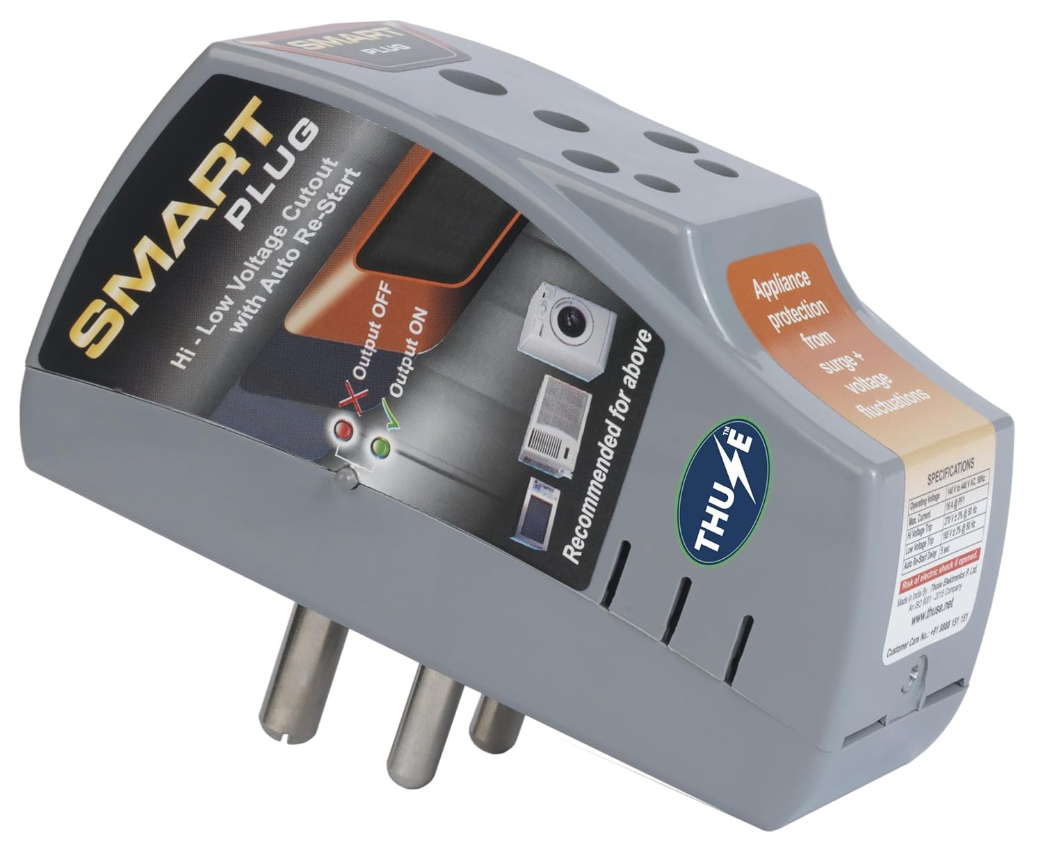 Smart Plug High Low Voltage Protector @ 6Amp Rating with Surge Protection Upto 4000 Volts_Grey