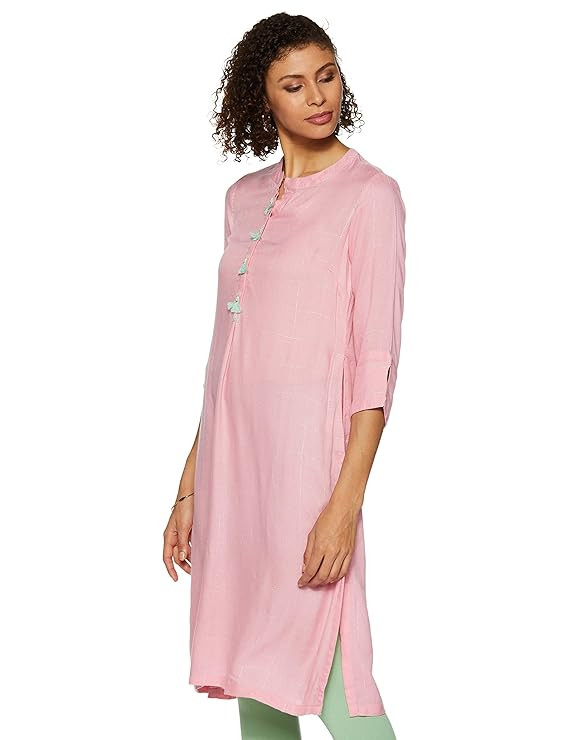 BIBA Womens Mandarin Collar Checked Kurta