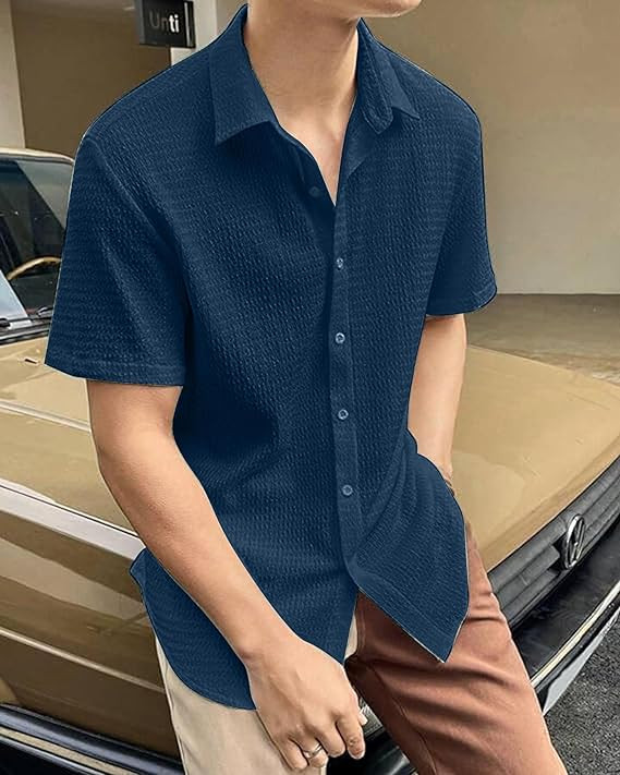 IndoPrimo Men's Regular Fit Self Design Spread Collar Casual Half Sleeve Shirt - Pop