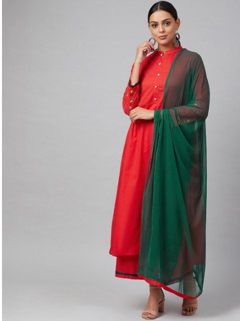 Red & Green Solid Kurta with Palazzos & Dupatta