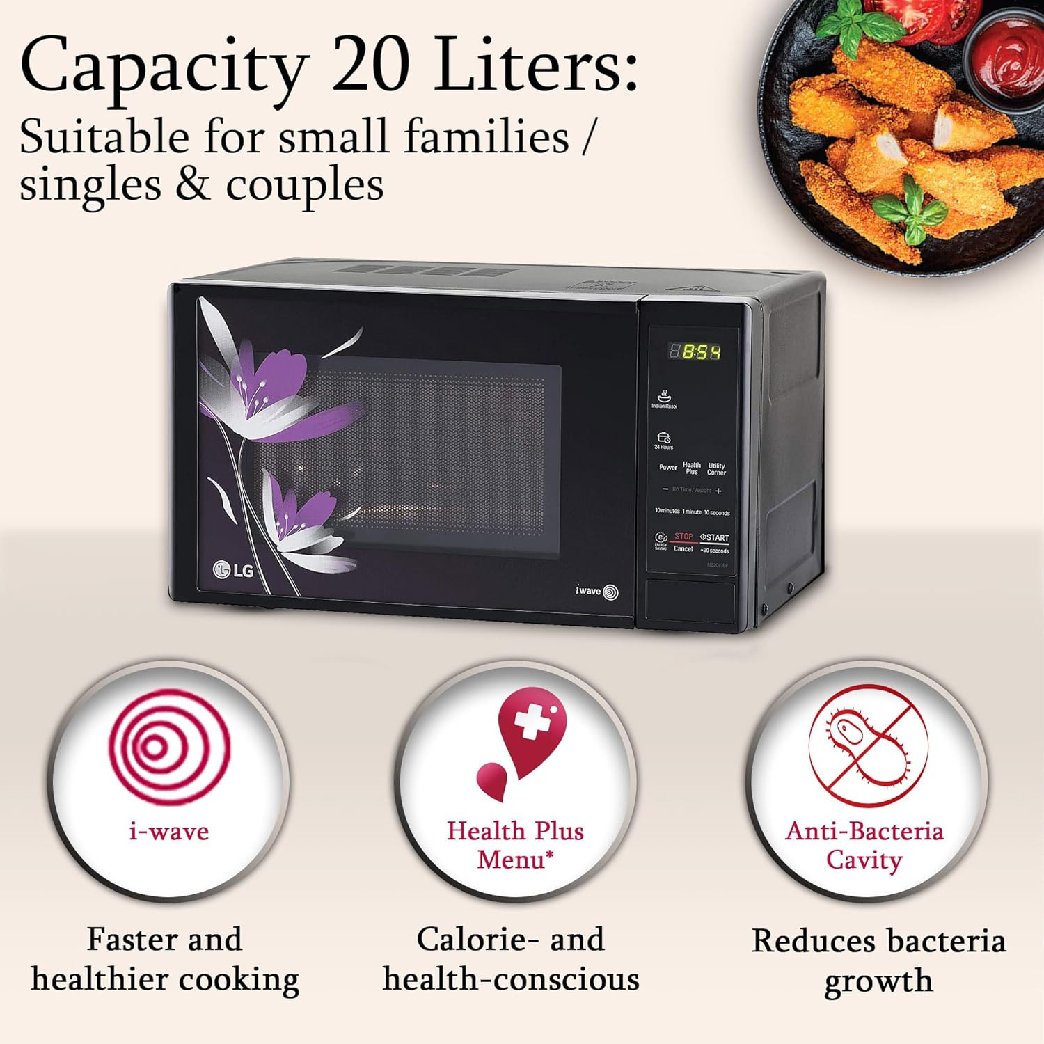 LG 20 L Solo Microwave Oven (MS2043BP, Black, Health plus Menu, I-Wave Technology, Indian Cuisine, Even Reheat & Defrost, Auto Cook Menu, Anti-Bacterial Cavity & Steam Clean)