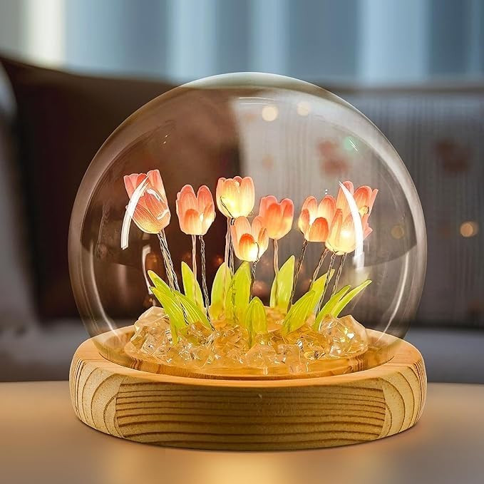 Desidiya Romantic Tulip Night Light – Elegant LED Ball Lamp with Wooden Base, Battery Powered for Home Decor, Soft Pink Glow, Ideal Gift for Loved Ones, 9 DIY Tulip Flowers