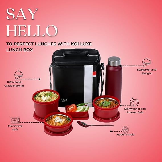 KOI Luxe Lunch Box Set with Insulated Bag Pack of 3 Microwave Safe Steel Containers with BPA-Free Lids (290ml, 450ml, 600ml), Plastic Pickle Box (180ml), and Steel Water Bottle(750ml)- Grey