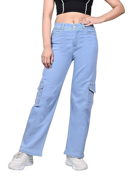 Habit Creation Women High-Rise Straight Fit Cargo Jeans |Wide Leg |Denim Cargo Pant