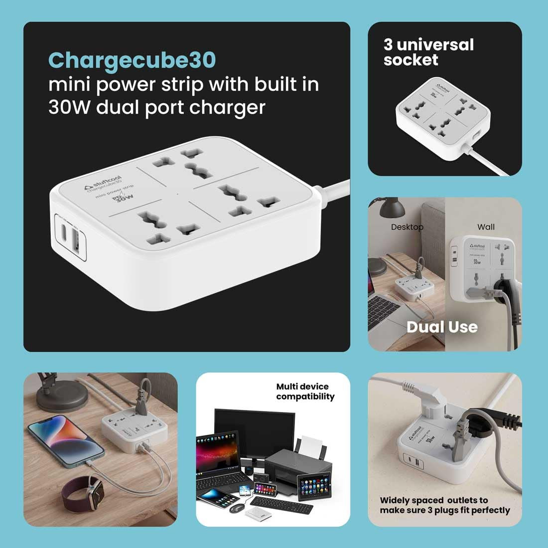 Stuffcool ChargeCube 30 Mini Surge Protector with 3 AC Ports and 30W Dual Port Type C PD PPS Output with Super Fast Charging, Charging iPhones 50% in 30 mins, Charges MacBook Air