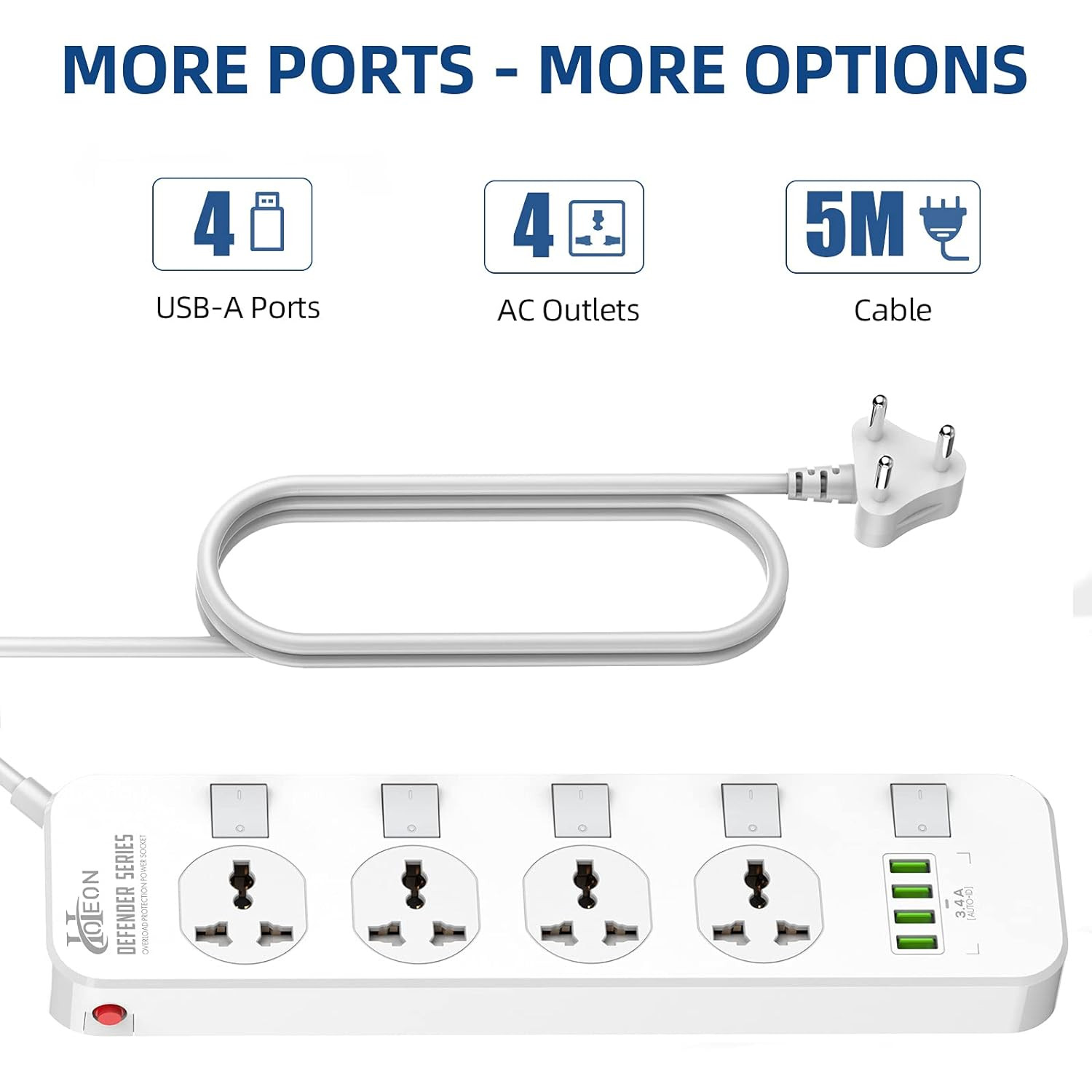 Hoteon Extension Board With Usb Slots,2500W/10A Power Strip,4 Way Outlets 4 Fast Usb Ports(3.4A),Universal Spike Guard Sockets With Individual Switch&Safety Shutter,5Mtr Cable (3 Pin White),250Volts