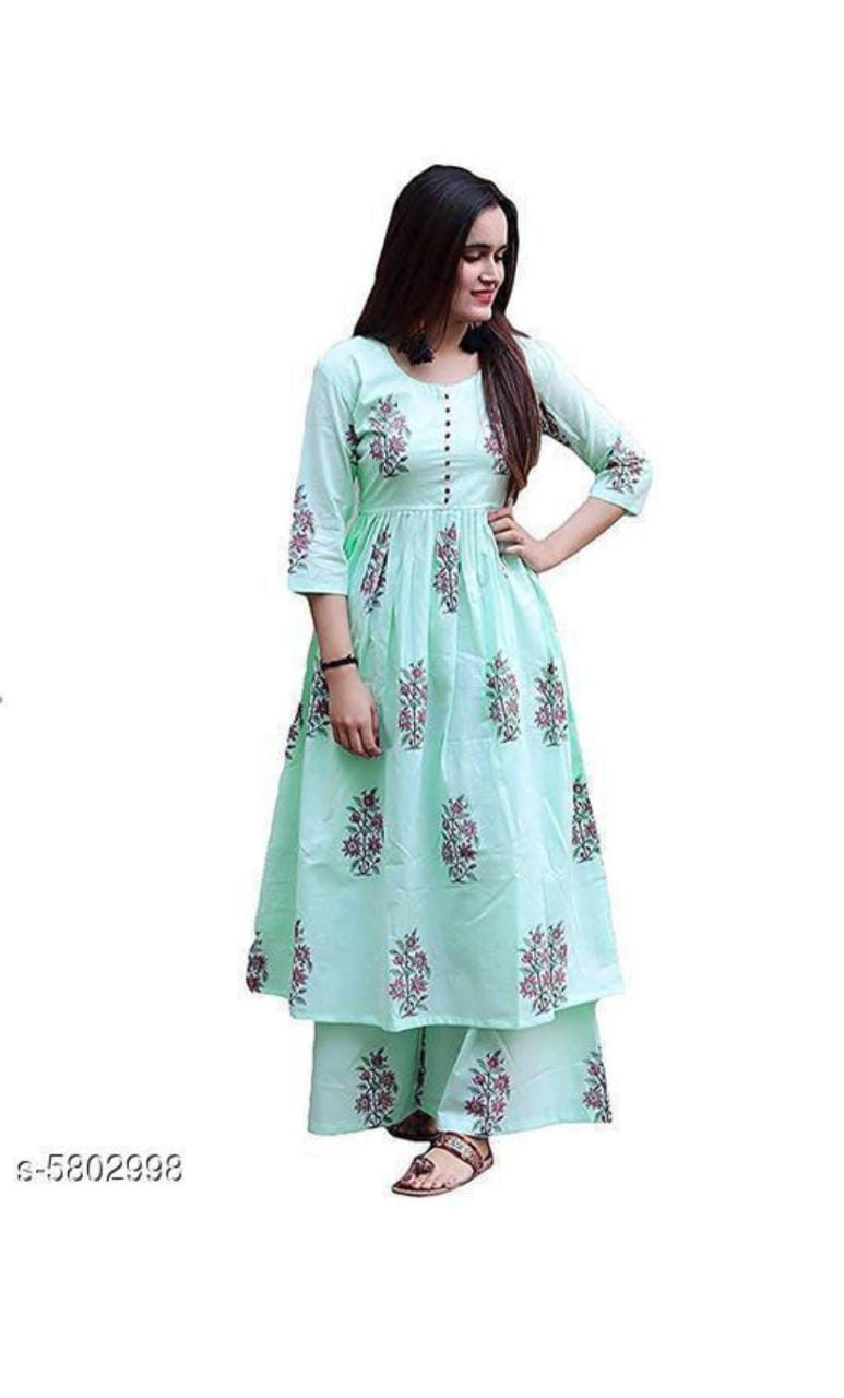 Women Cotton Blue Printed Long Kurti With Palazzos