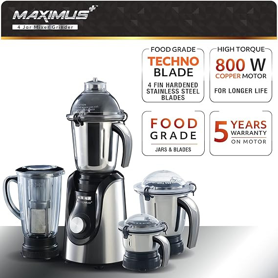 Usha Maximus Plus 800-Watt Copper Motor Mixer Grinder with 4 Jars and 5 Years Motor Warranty(Black & Stainless steel)