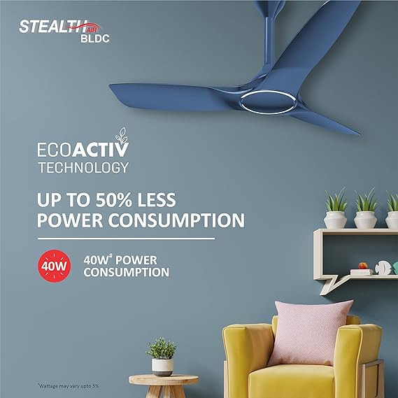Havells 1200mm Stealth Air BLDC Motor Ceiling Fan | Most Silent & Premium, 5 Star with RF Remote, 100% Copper | Upto 55% Energy Saving, Timer, Memory Backup | (Pack of 1, Mettalic Black)