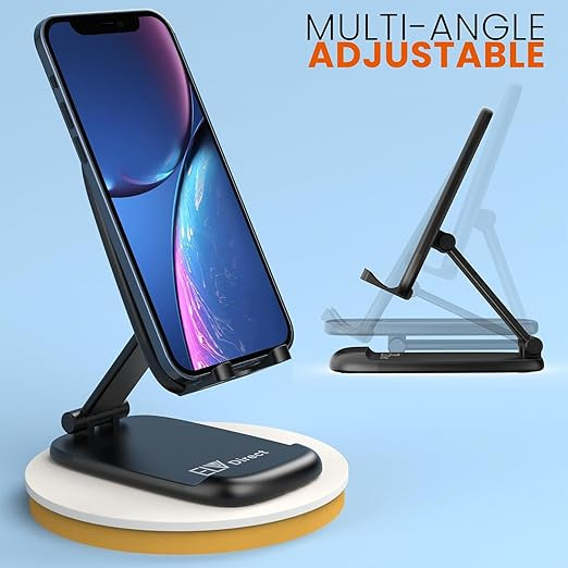 ELV Mobile Stand Adjustable Foldable Phone Stand for Desk Cell Phone Holder Portable Desktop Dock Compatible with Smartphone and Tablets Upto 8 inches - Black