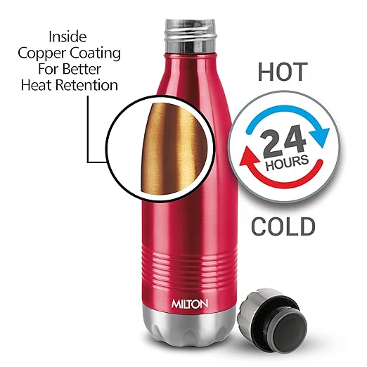 Milton Duo DLX 1000 Thermosteel 24 Hours Hot and Cold Water Bottle, 1 Piece, 1 Litre, Maroon | Leak Proof | Office Bottle | Gym | Home | Kitchen | Hiking | Trekking | Travel Bottle