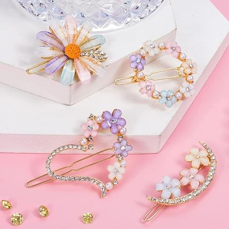 Elina 4 Pcs Stylish Korean Design Lock Hair Clip Flower Latest Claw Pins Accessories Set Fancy Decorative Wedding Use for Women, Girls (4 Pcs), Multicolour