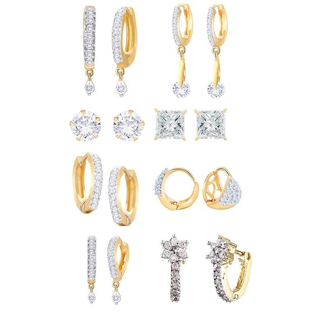 ZENEME Earring Gold Plated American Diamond Earrings Combo Of 8 Pairs Jewellery For Women & Girls