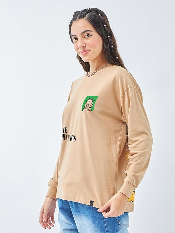 Bewakoof Official Garfield Merchandise Women's Graphic Printed Oversized Fit Full Sleeve Round Neck