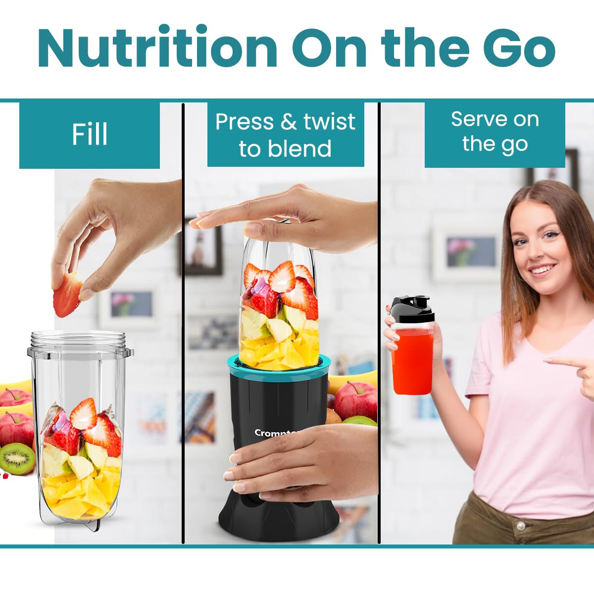 Crompton Ameo Blend | Nutri blender | Smoothie Maker | Mixer Grinder | 400 watts powerful motor | 2 Food grade jars | Sipper Cap | Storage lid | 2 years warranty | Black & Sea Green Color