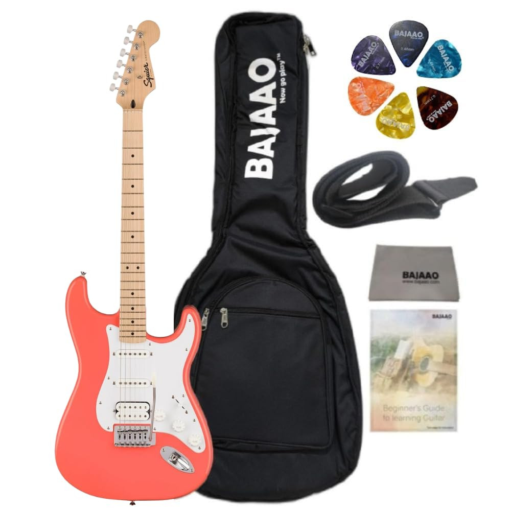 Squier By Fender 6 String Solid-Body Electric Guitar with Gig-Bag, Polishing Cloth, Strap, Picks & E-Book - Tahitian Coral