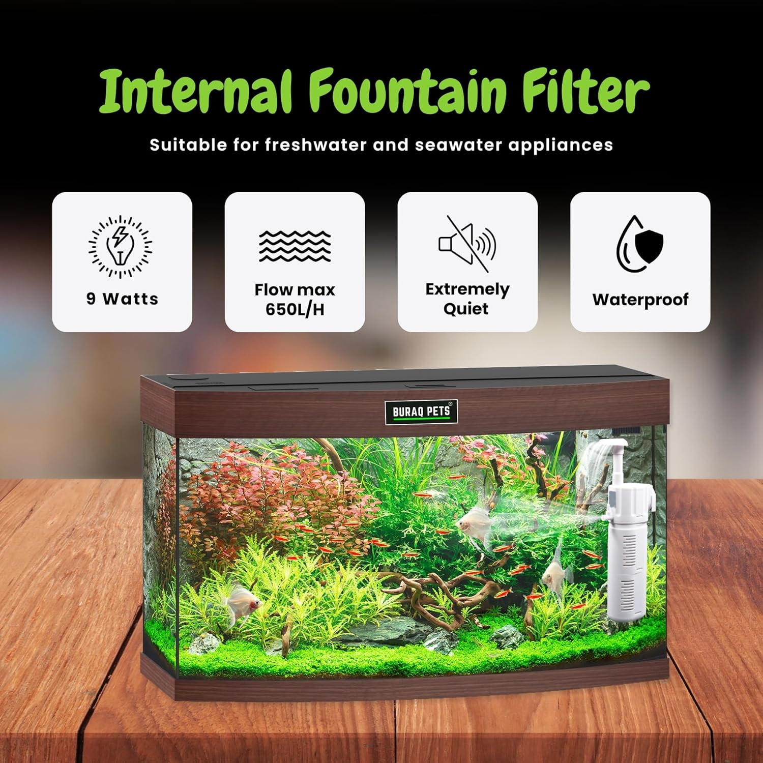Buraq Fountain Aquarium Filter BL-98F | 9W | 650L/H - Multi-Function Submersible Filtration Pump, Submersible & Efficient Fish Filter, Aquarium Filters for Fish Tank