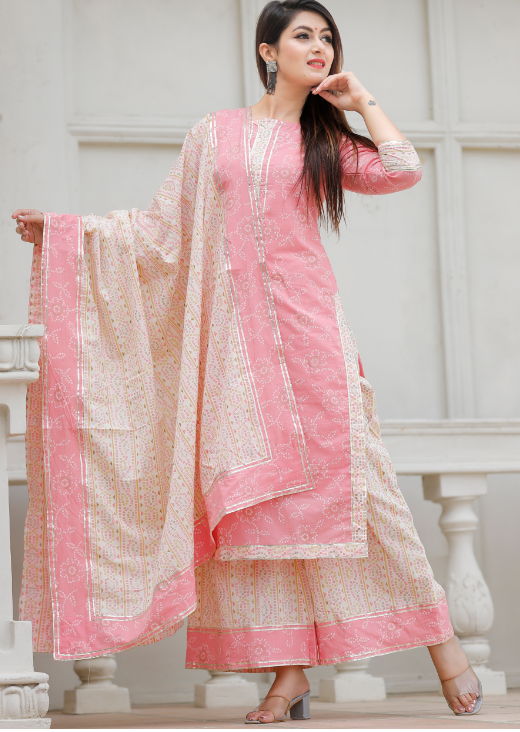 Latest Printed Pink Kurta Set with Plazzo Dupatta suit