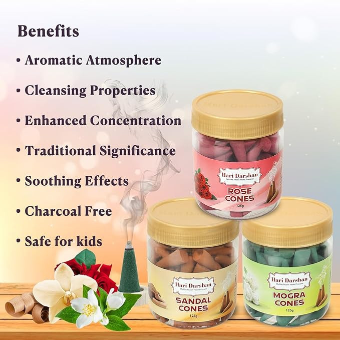 Hari Darshan Dhoop Cones Combo Pack of 3 Fragrance | Sandal | Mogra | Rose - 125g Each | Organic Dry Dhoop, Long Lasting Fragrance for Daily Pooja,Meditation and Yoga