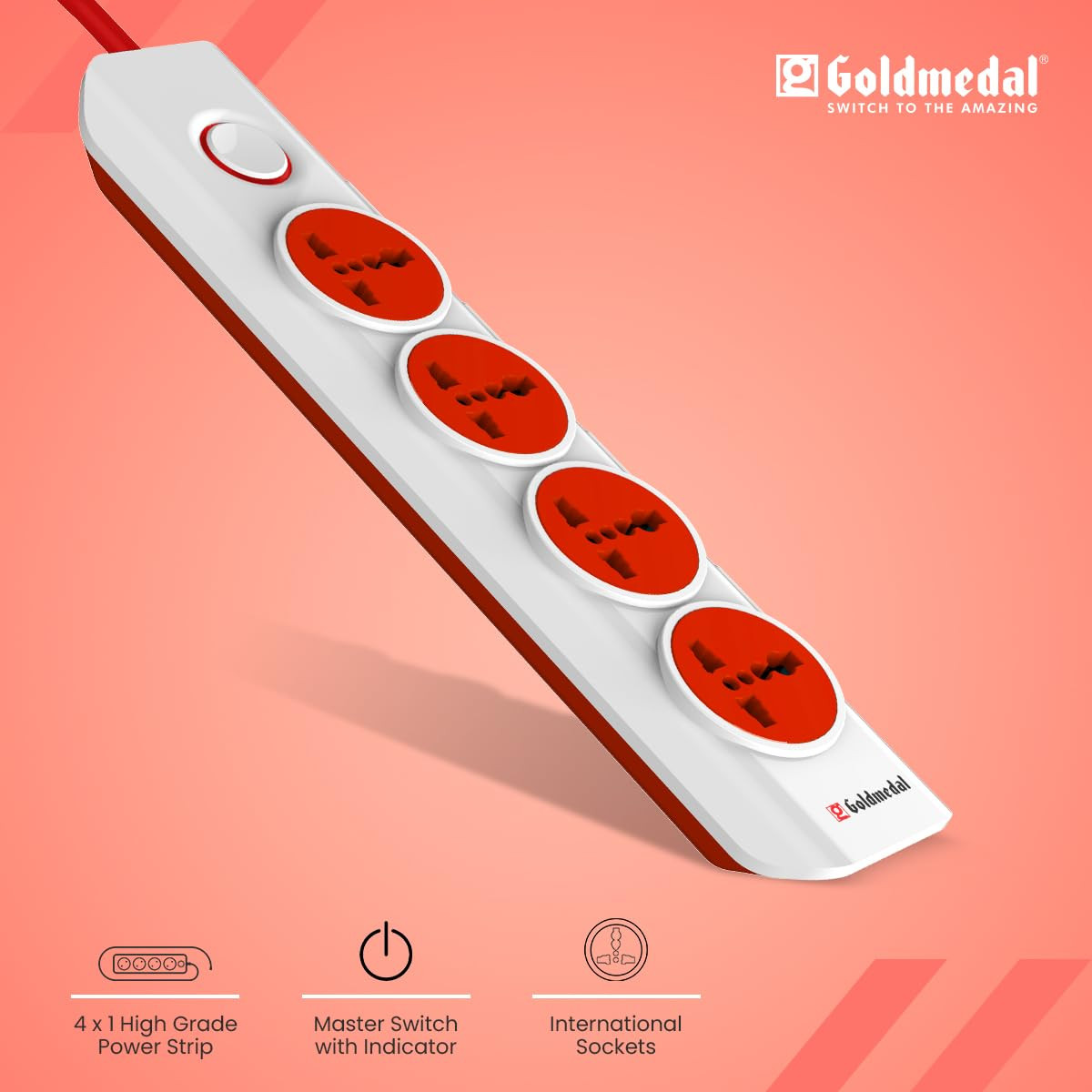 Goldmedal I-Design 4X1 Power Strip With 4 International Sockets,Master Switch,Indicator And 2-Meter Power Cable –White,Pack Of 1,Made With Fire-Retardant Material,Suitable For All Type Plugs,240Volts